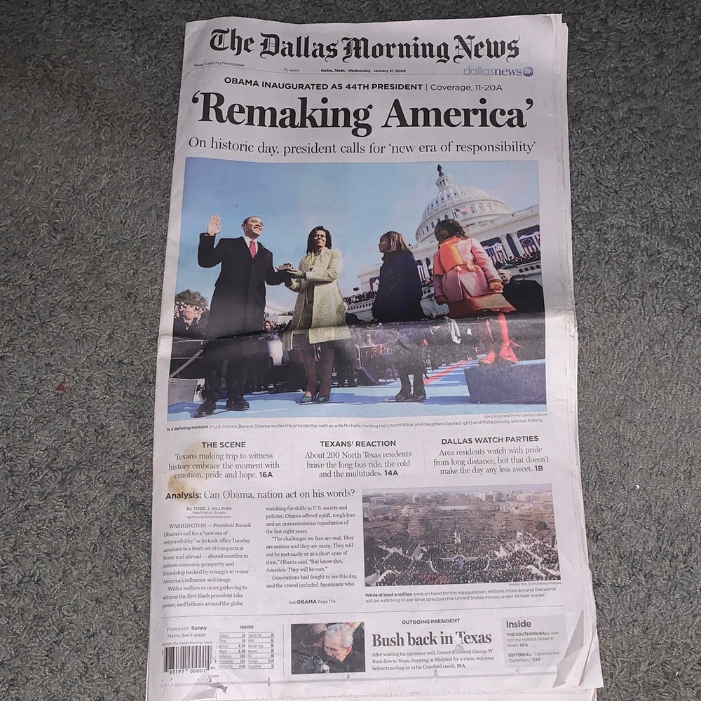 The Dallas Morning News Newspaper Obama inauguration.